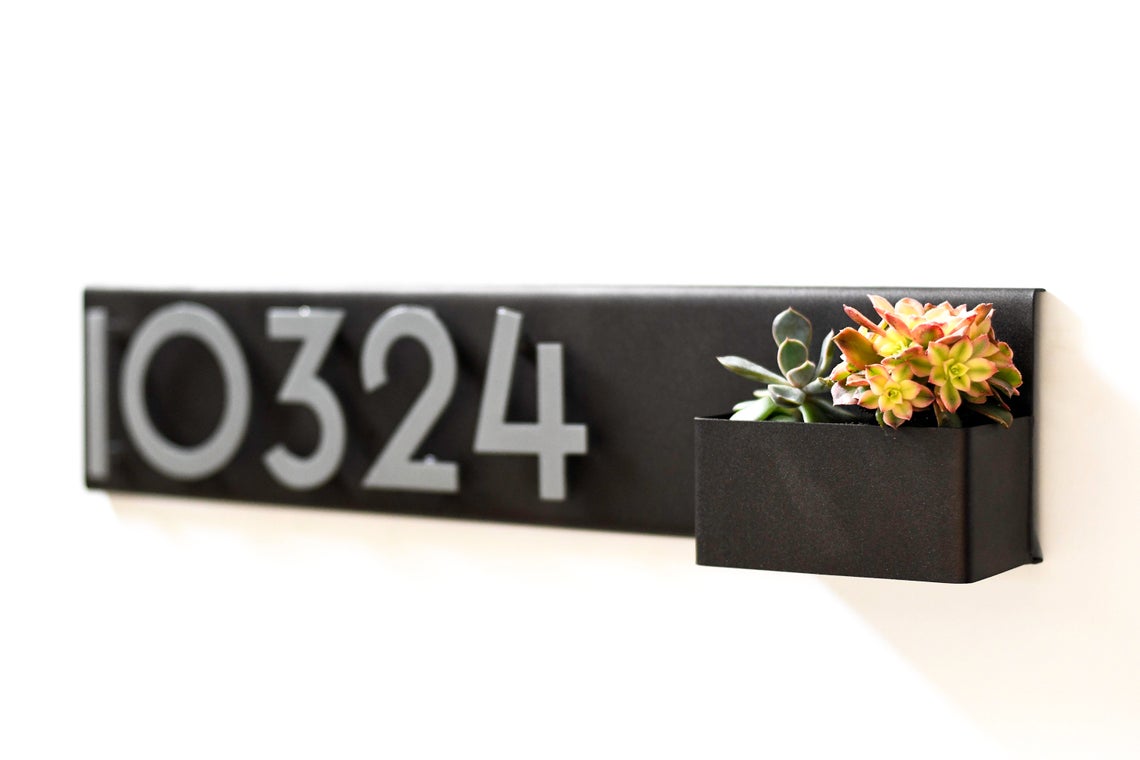 Planter Address Plate- Horizontal Style. Powder Coated Steel with Aluminum Numbers