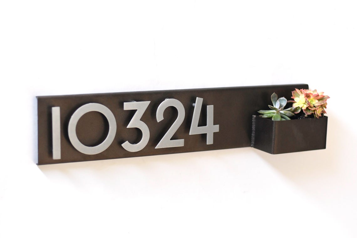 Planter Address Plate- Horizontal Style. Powder Coated Steel with Aluminum Numbers