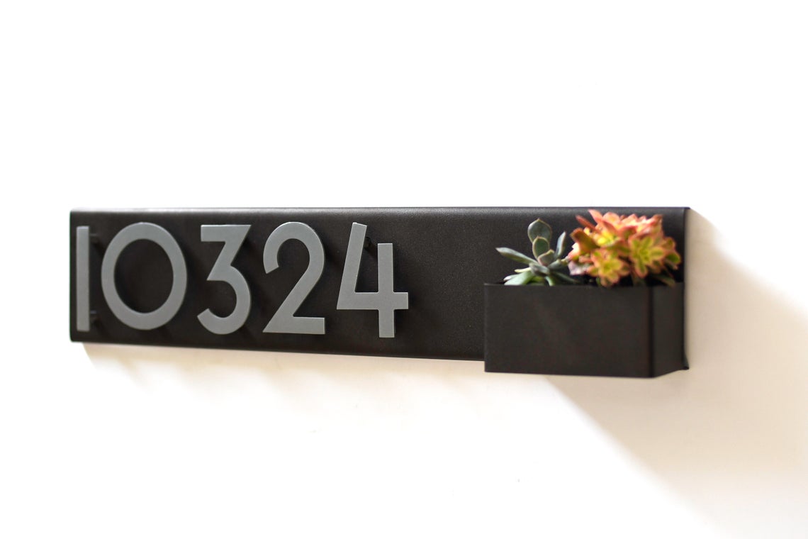 Planter Address Plate- Horizontal Style. Powder Coated Steel with Aluminum Numbers